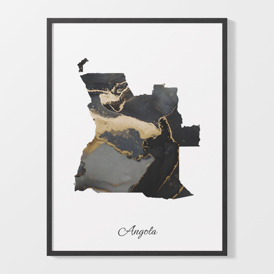 Angola Black and Gold Marble Silhouette Country Map Art Poster