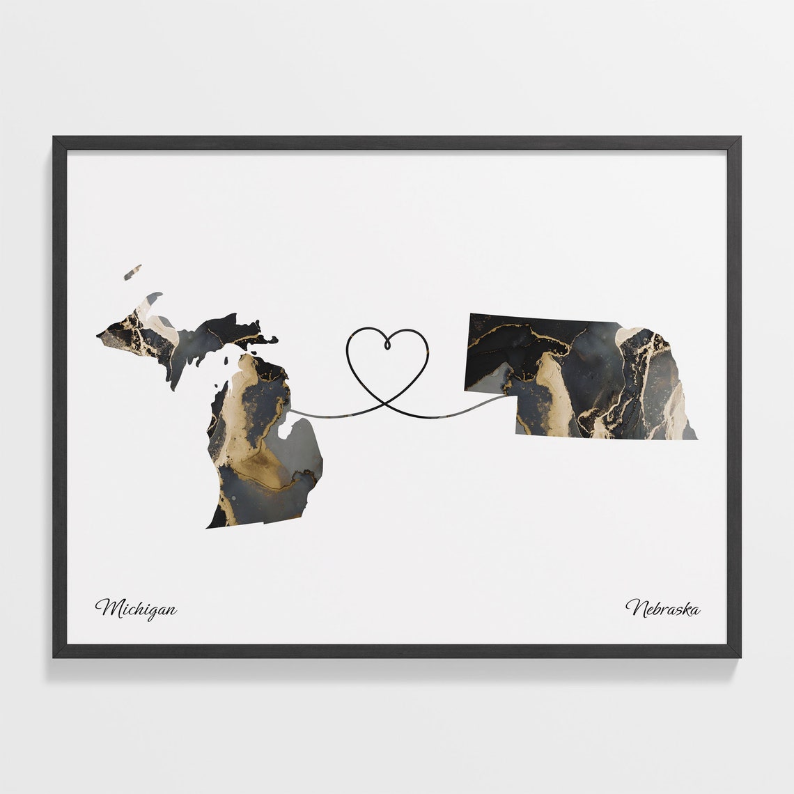 Long Distance Michigan to Nebraska Heart Connection Marble Map Poster