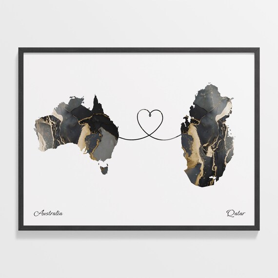 Australia and Qatar Black Gold Marble Map Heart Connection Poster
