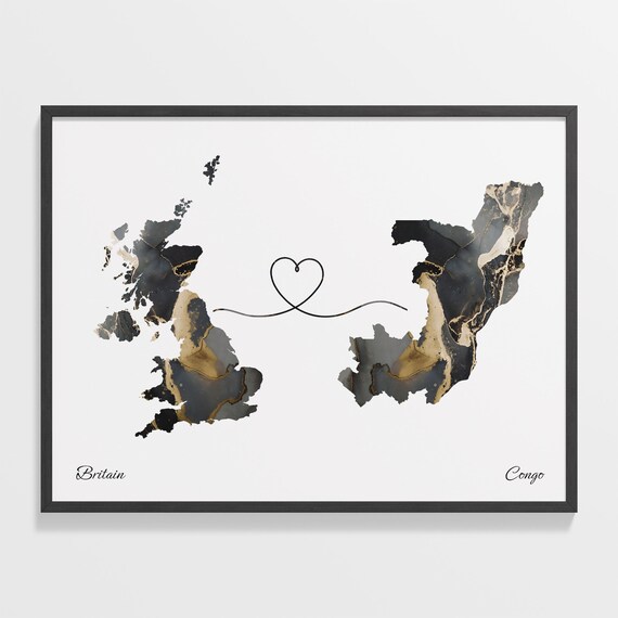 Britain to Congo Heart Connected Long Distance Marble Map Poster