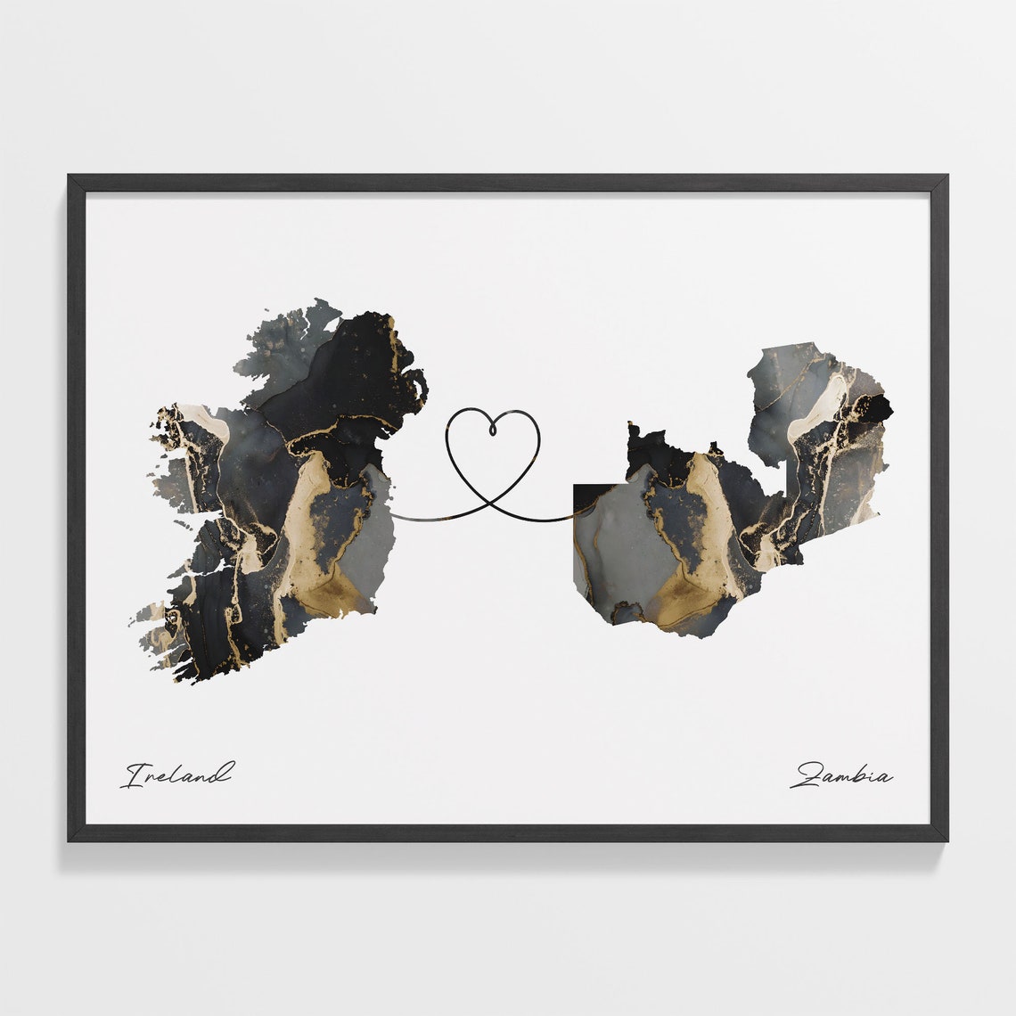 Ireland to Zambia Black Gold Marble Map Heart Line Art Poster