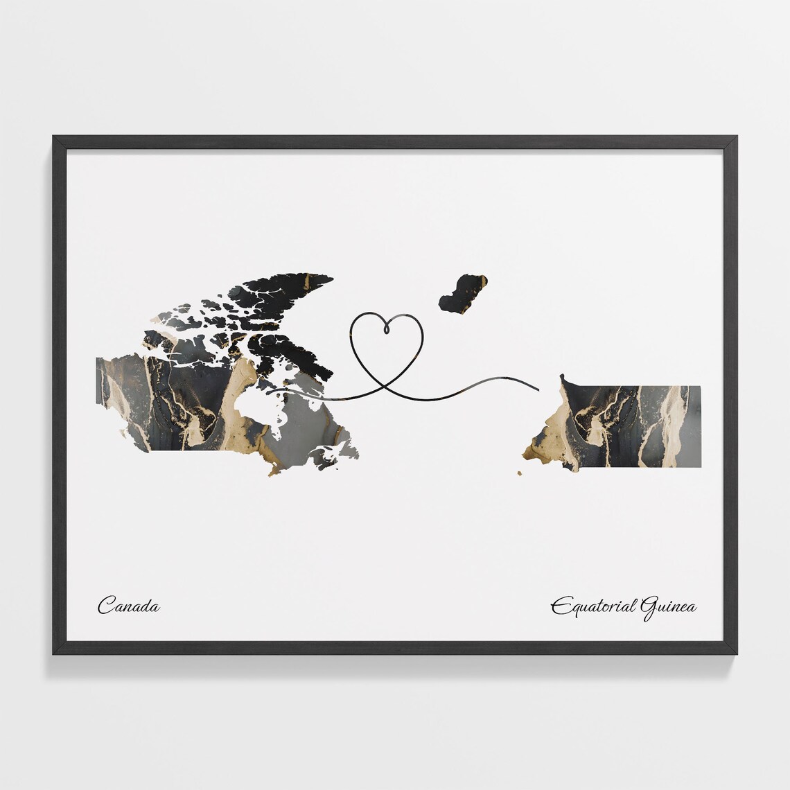 Canada and Equatorial Guinea Two Countries Black Gold Marble Map Poster