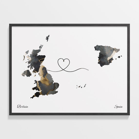 Britain to Spain Map Art Print, Long Distance Travel