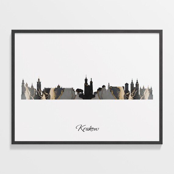 Krakow Poland Black and Gold Marble Skyline Silhouette Art Poster