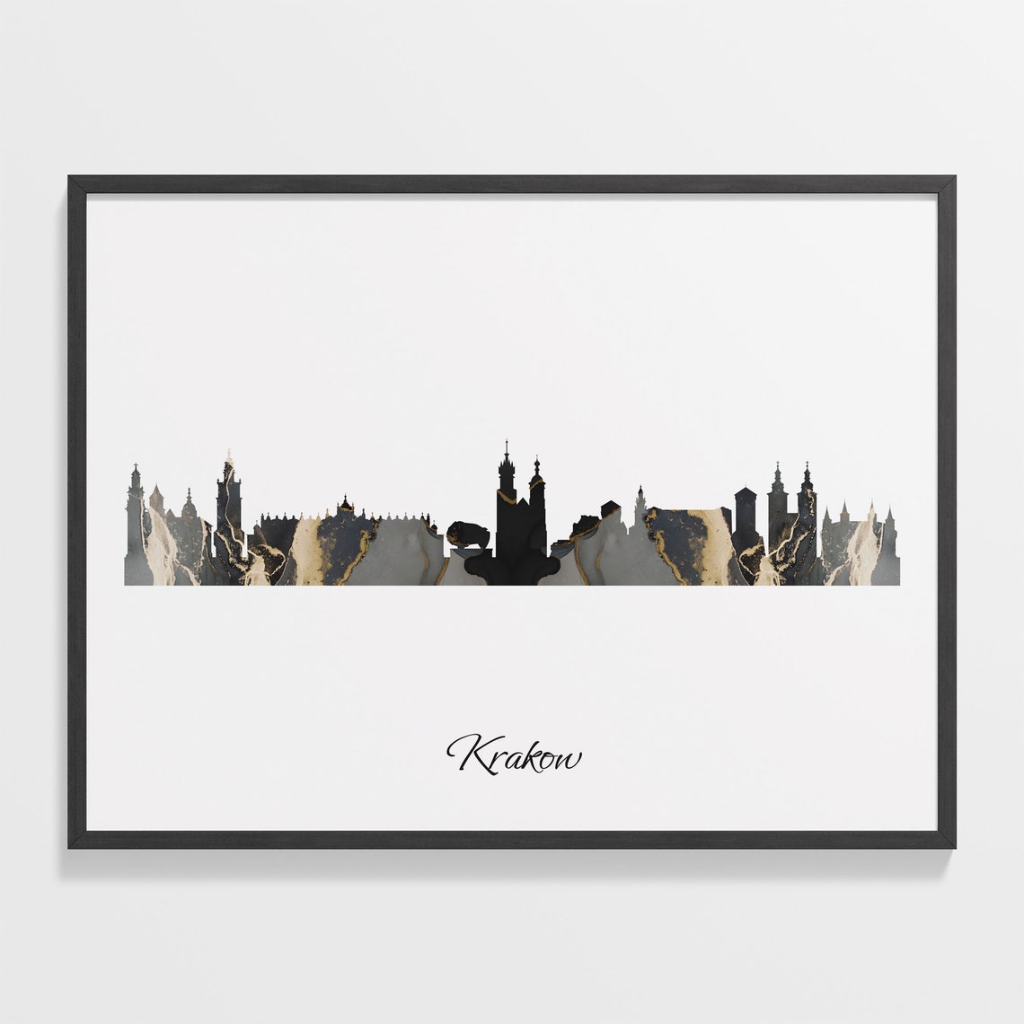 Krakow Poland Black and Gold Marble Skyline Silhouette Art Poster