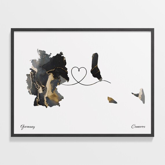 Germany and Comoros Black Gold Marble Two Country Love Map Poster