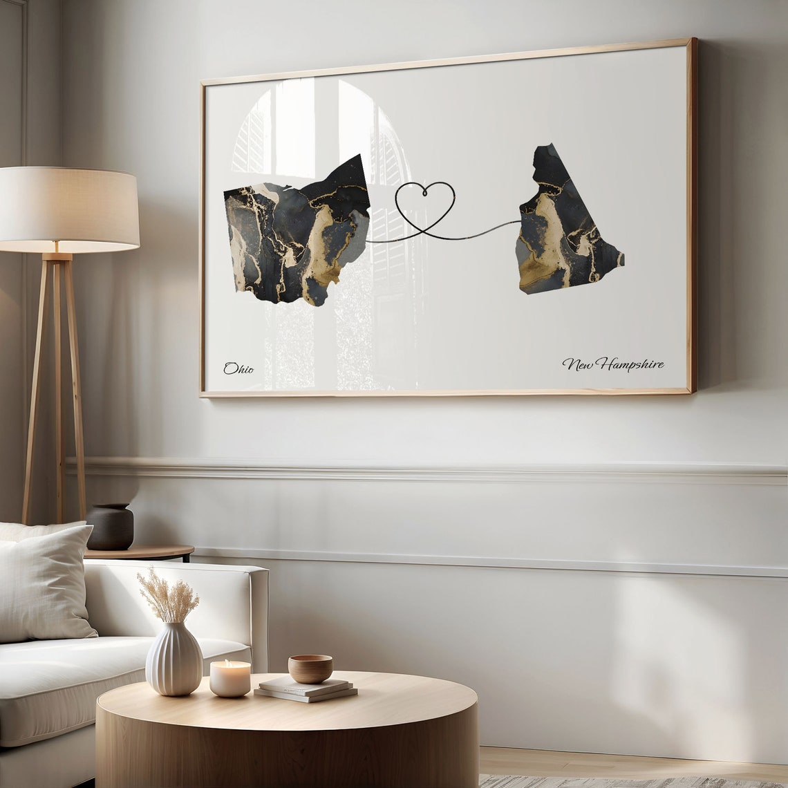 Ohio New Hampshire Long Distance Black Gold Marble Heart Map Poster - Image 2