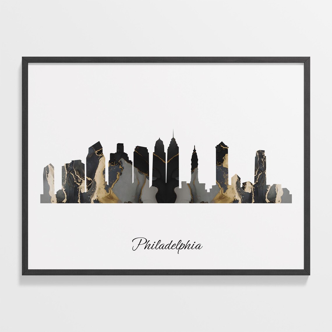 Philadelphia USA Black Gold Marble Skyline Silhouette Art Poster
