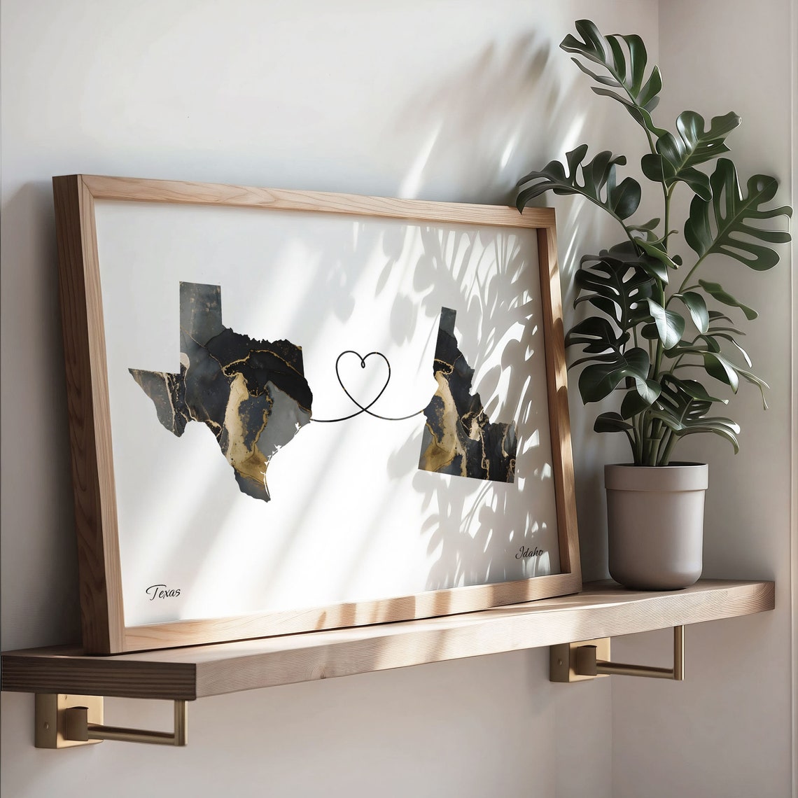 Texas and Idaho Black Gold Marble Map Heart Connection Poster - Image 3