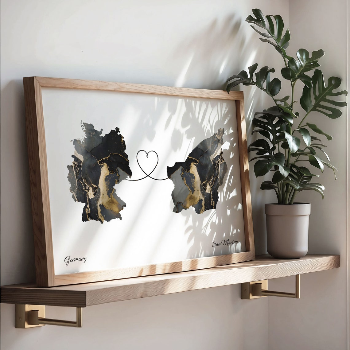 Germany to San Marino Black Gold Marble Heart Map Art Poster - Image 3