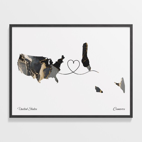 United States and Comoros Black Marble Heart Connection Map Poster