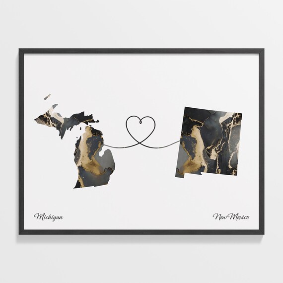 Long Distance Michigan to New Mexico Heart Connection Marble Map Poster