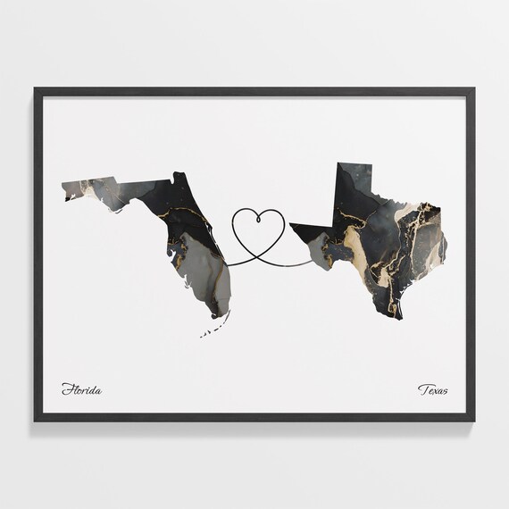 Florida Texas Marble State Map Poster Two State Connection Gift