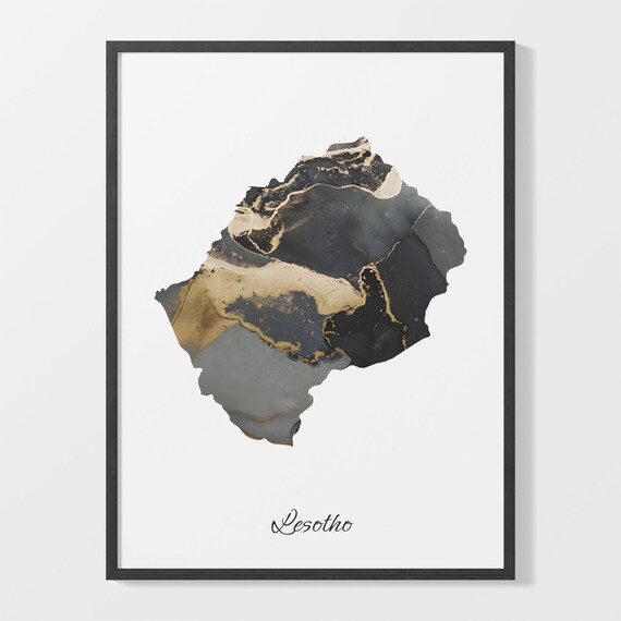 Lesotho Black and Gold Marble Country Map Silhouette Minimalist Poster