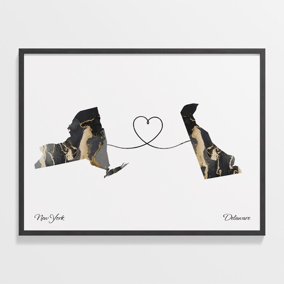 New York Delaware Marble State Map Poster Long Distance Couples Gift