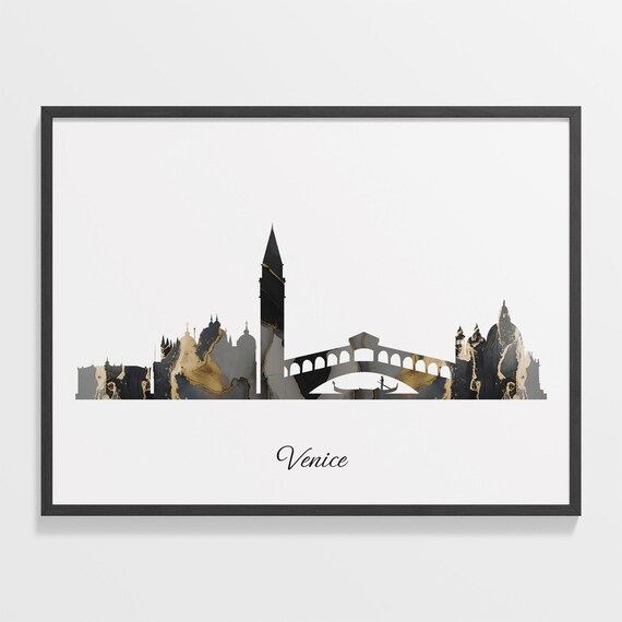 Venice Skyline Minimalist Black Gold Marble Cityscape Art Poster