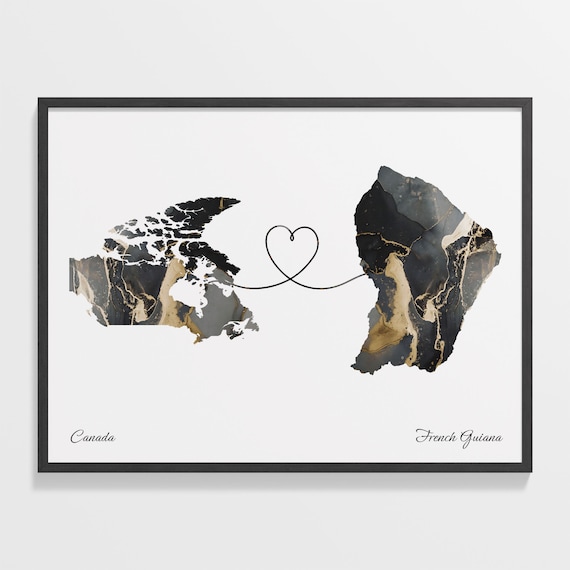 Canada French Guiana Marble Map Heart Long Distance Gift Poster