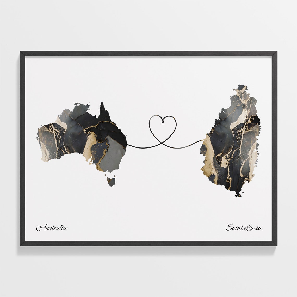 Australia Saint Lucia Long Distance Love Heart Marble Map Gift Poster