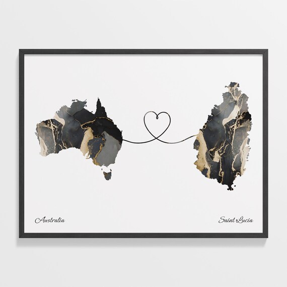 Australia Saint Lucia Long Distance Love Heart Marble Map Gift Poster