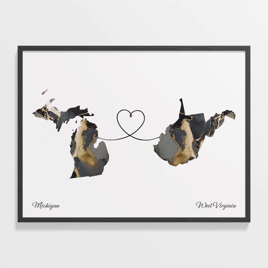 Michigan West Virginia Long Distance Marble Map Heart Print Gift