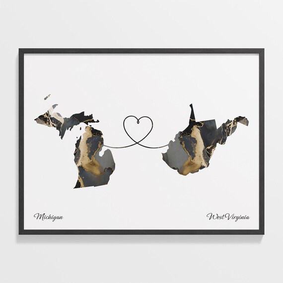 Michigan West Virginia Long Distance Marble Map Heart Print Gift