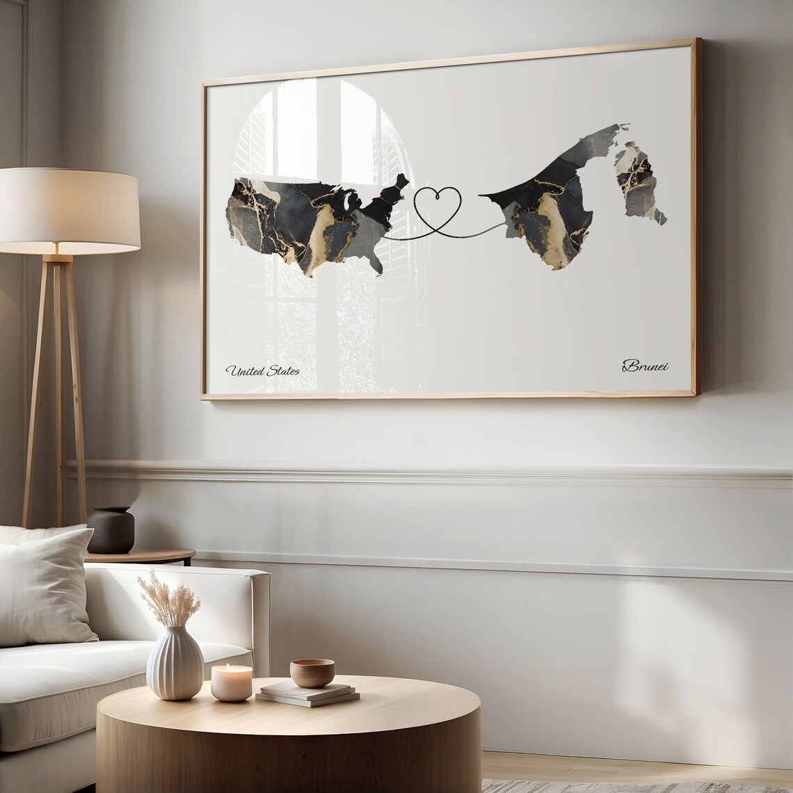 United States and Brunei Marble Map Heart Long Distance Poster - Image 2