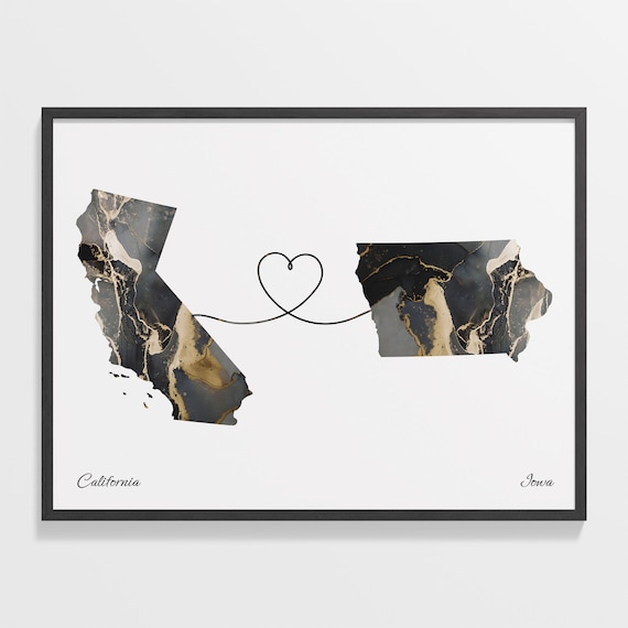 California to Iowa Black Gold Marble Map Heart Line Art Poster