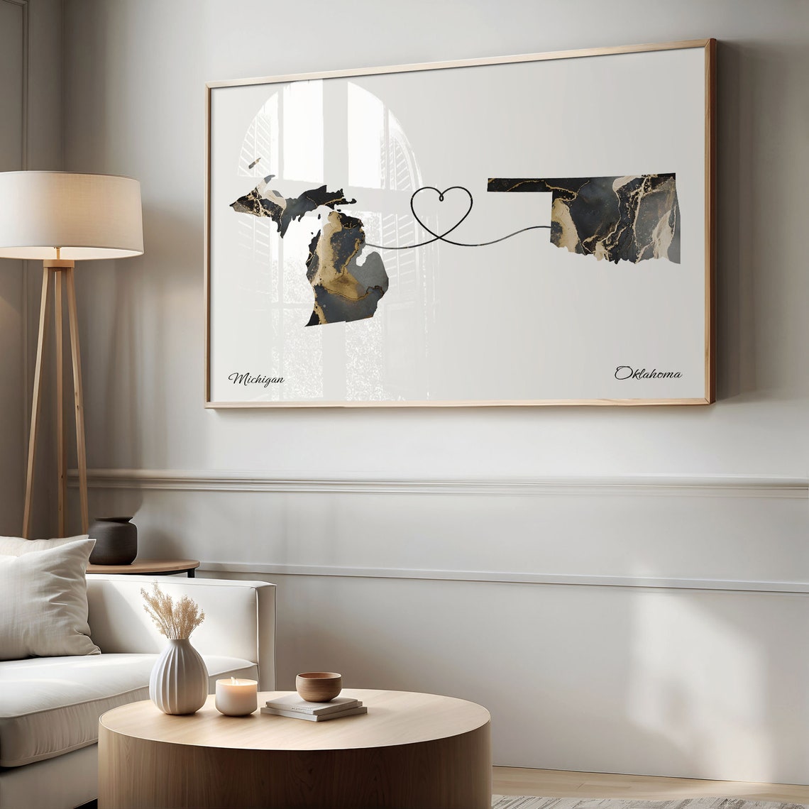 Michigan Oklahoma Long Distance Love Black Gold Marble Map Poster - Image 2