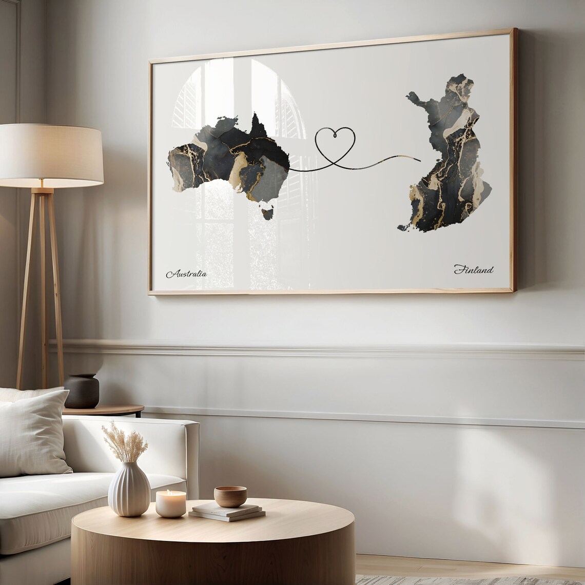 Australia To Finland Marble Heart Map Two Country Long Distance Gift Poster - Image 2