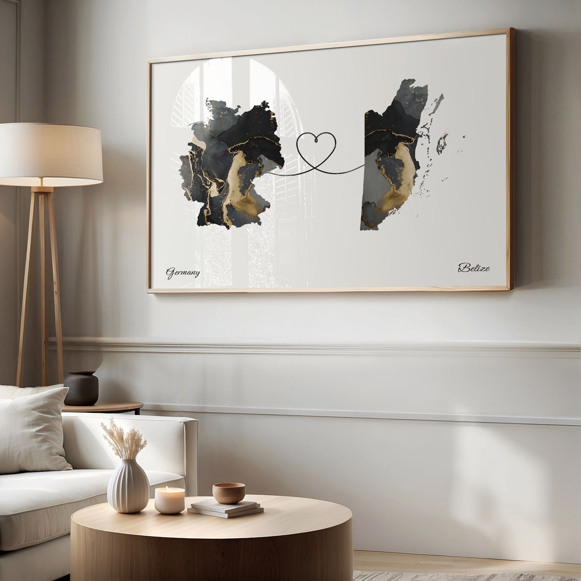 Germany and Belize Marble Heart Connected Countries Map Poster - Image 2