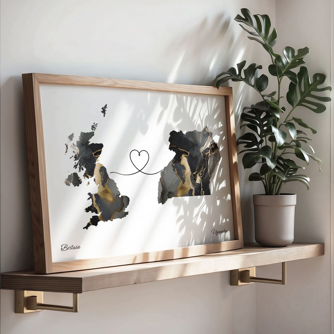 Britain Uganda Black Gold Marble Map Art Heart Connection Poster - Image 3