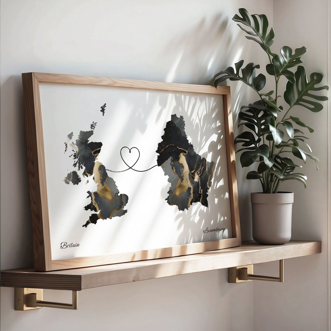 Britain to Luxembourg Heart Connected Long Distance Marble Map Poster - Image 3