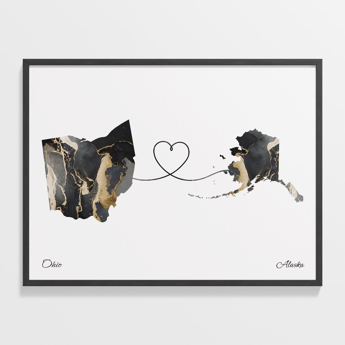 Ohio to Alaska Black Gold Marble Map Heart Connection Poster