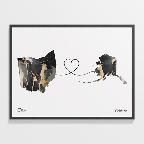 Ohio to Alaska Black Gold Marble Map Heart Connection Poster