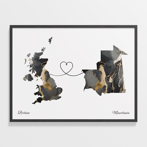 Britain and Mauritania Black Gold Marble Two Country Love Map Poster