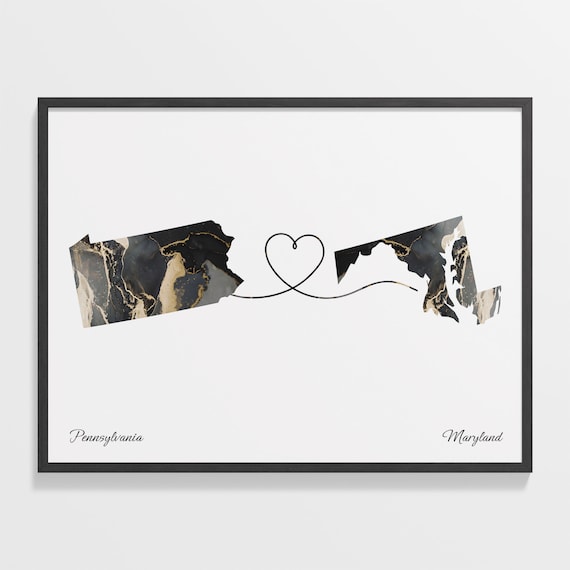 Pennsylvania Maryland Marble State Map Poster Heart Line Long Distance Gift