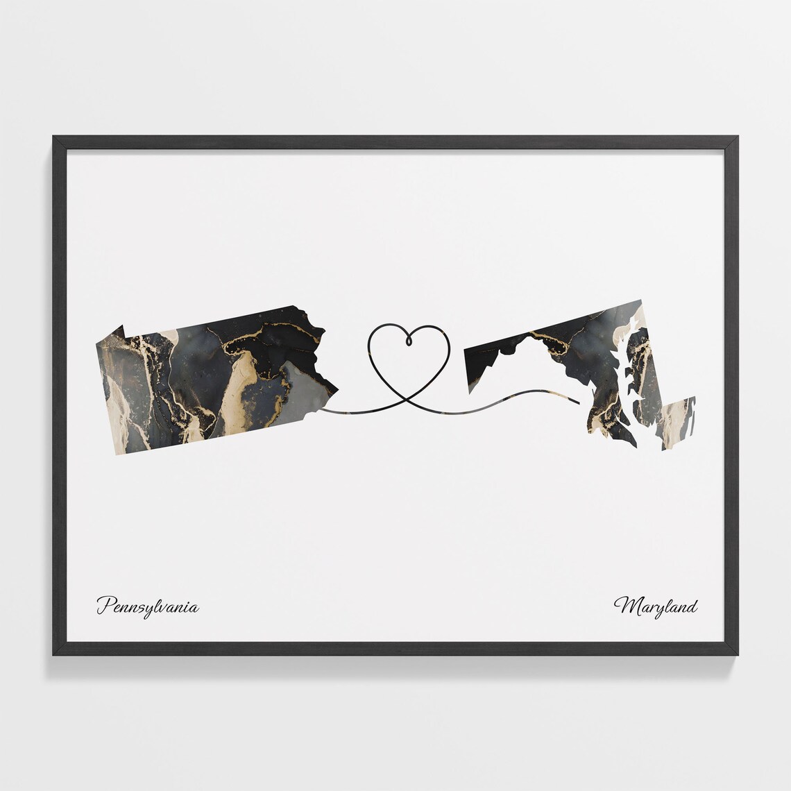 Pennsylvania Maryland Marble State Map Poster Heart Line Long Distance Gift