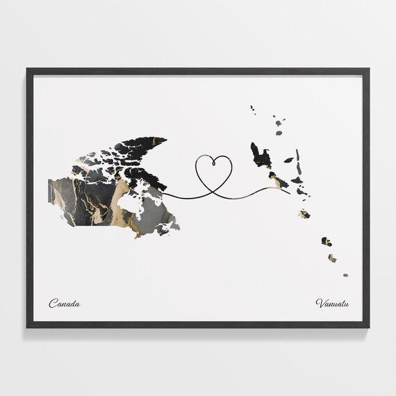 Canada To Vanuatu Black Gold Marble Long Distance Heart Map Poster