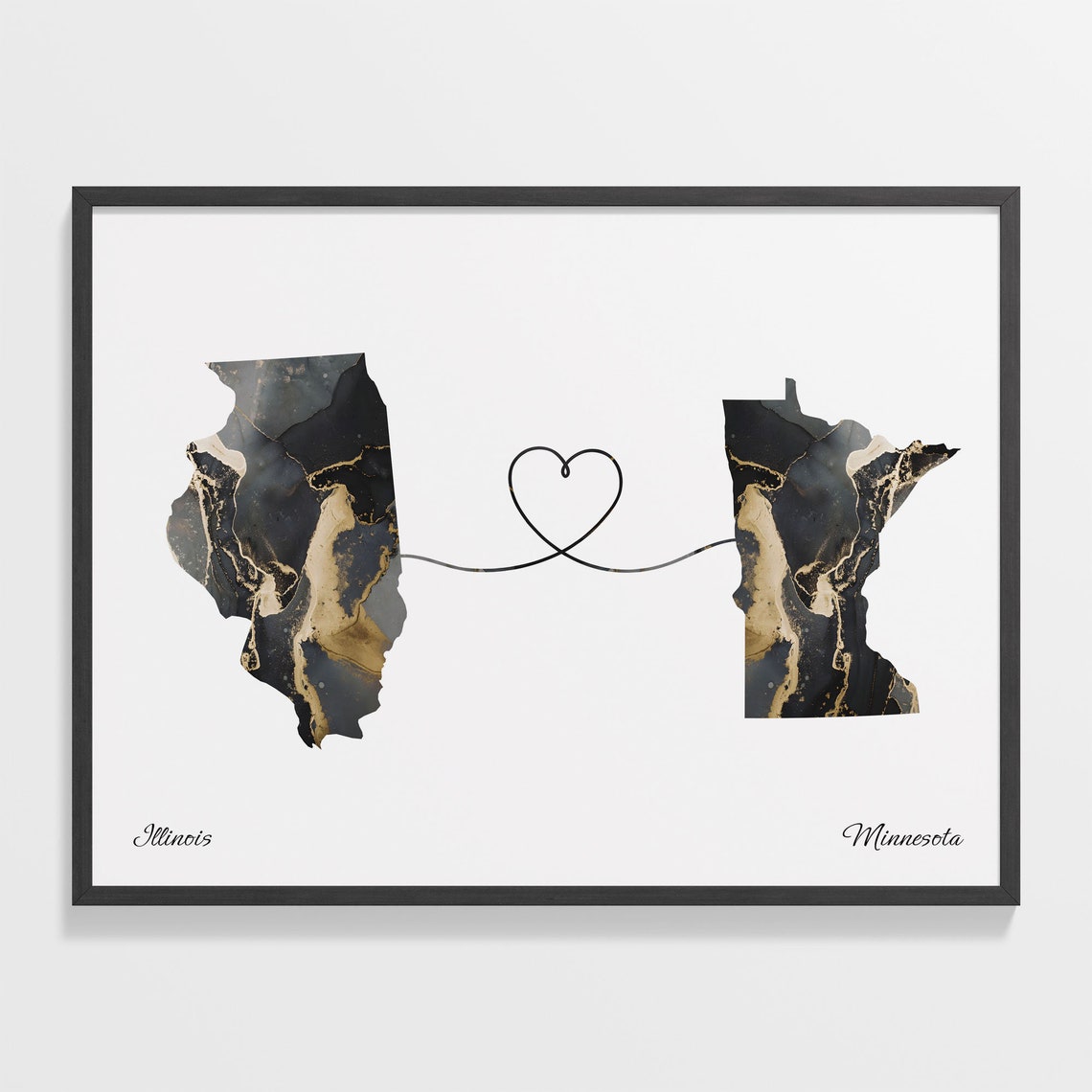 Illinois to Minnesota Black Gold Marble Map Heart Connection Poster