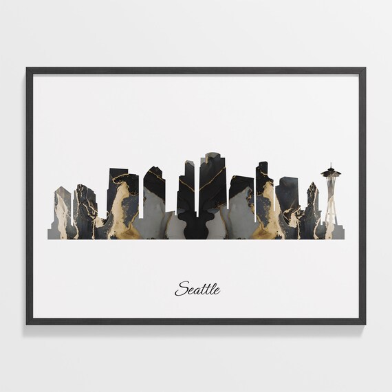 Seattle Skyline Marble Cityscape Black and Gold Travel Poster