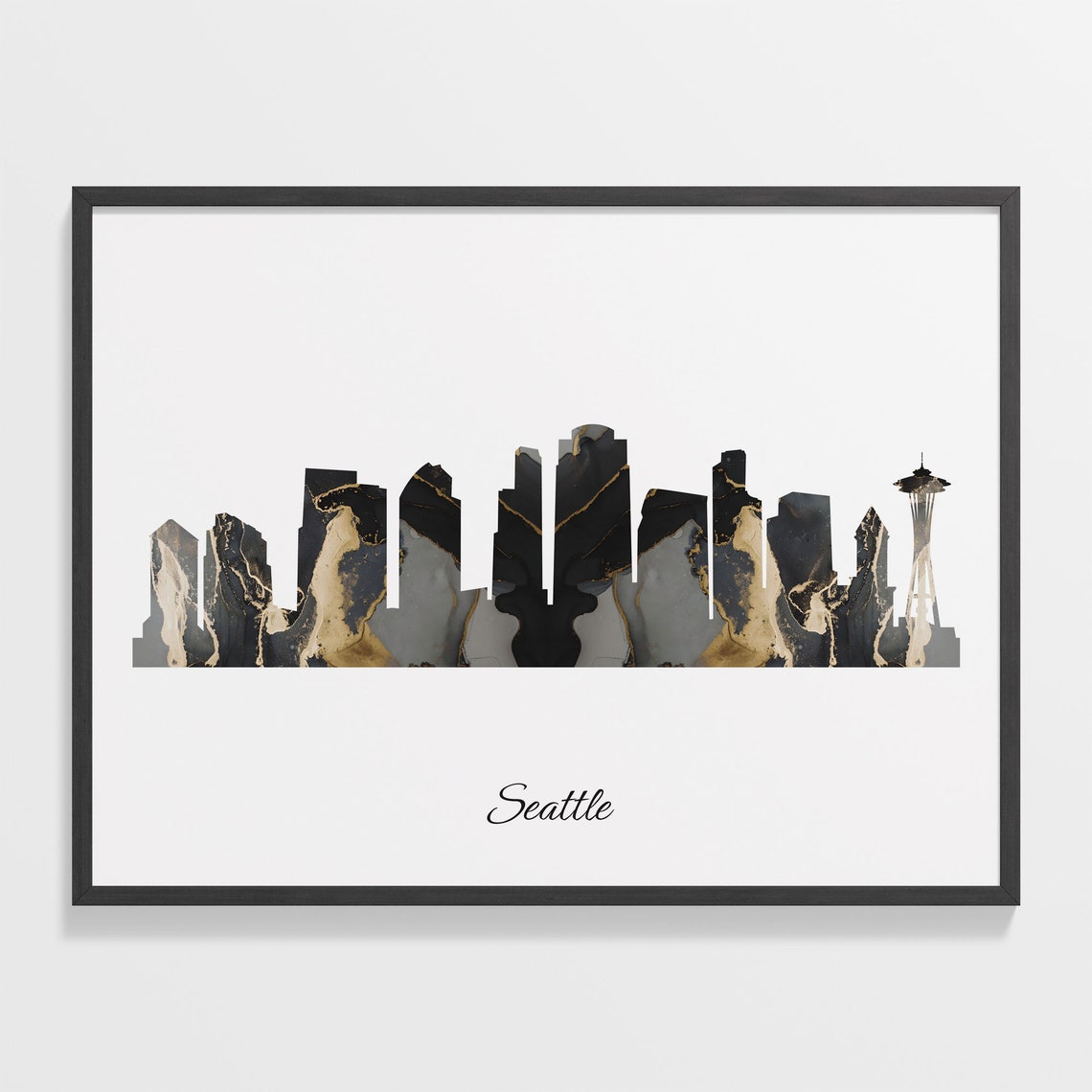 Seattle Skyline Marble Cityscape Black and Gold Travel Poster