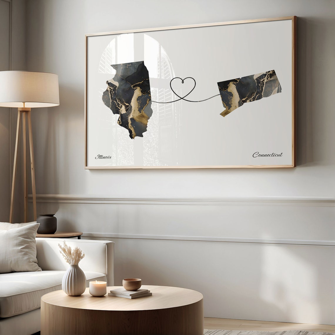 Illinois to Connecticut Black Gold Marble Map Heart Connection Poster - Image 2
