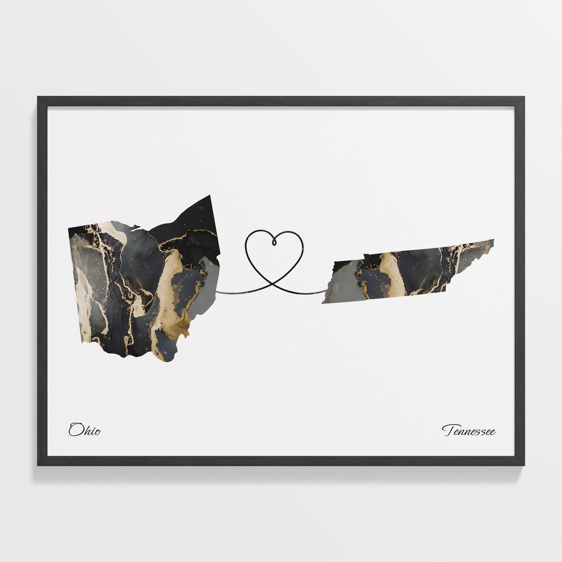 Ohio to Tennessee Two State Long Distance Heart Marble Map Poster