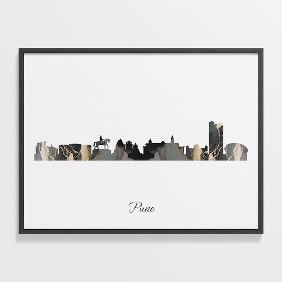 Pune India Black Gold Marble Cityscape Silhouette Art Poster