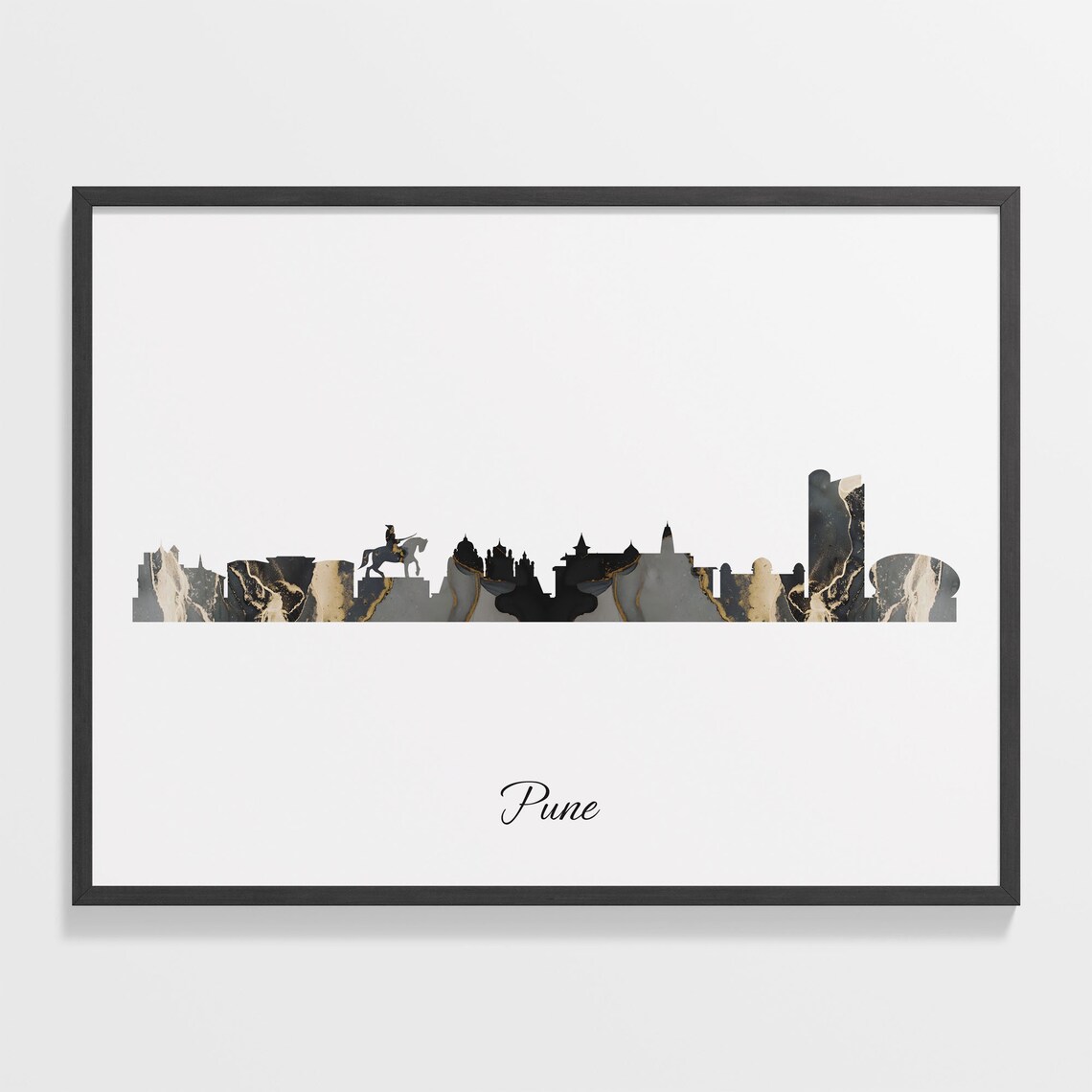 Pune India Black Gold Marble Cityscape Silhouette Art Poster