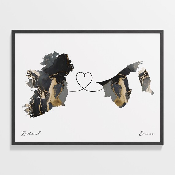 Ireland To Brunei Heart Connected Black Marble Country Map Poster