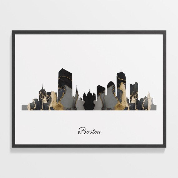Boston USA Black Gold Marble Skyline Silhouette Cityscape Poster