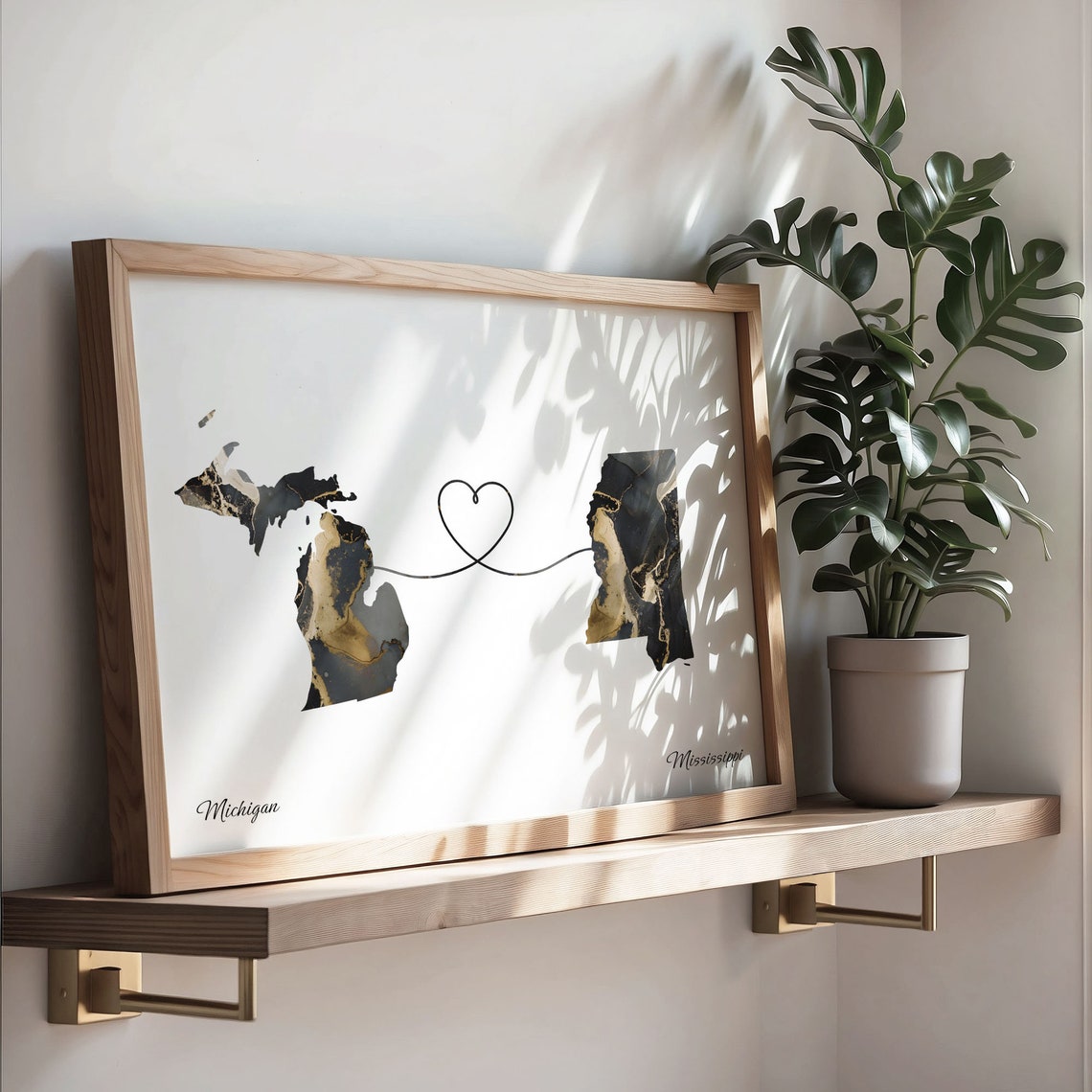 Michigan Mississippi Long Distance Black Gold Marble Heart Map Poster - Image 3