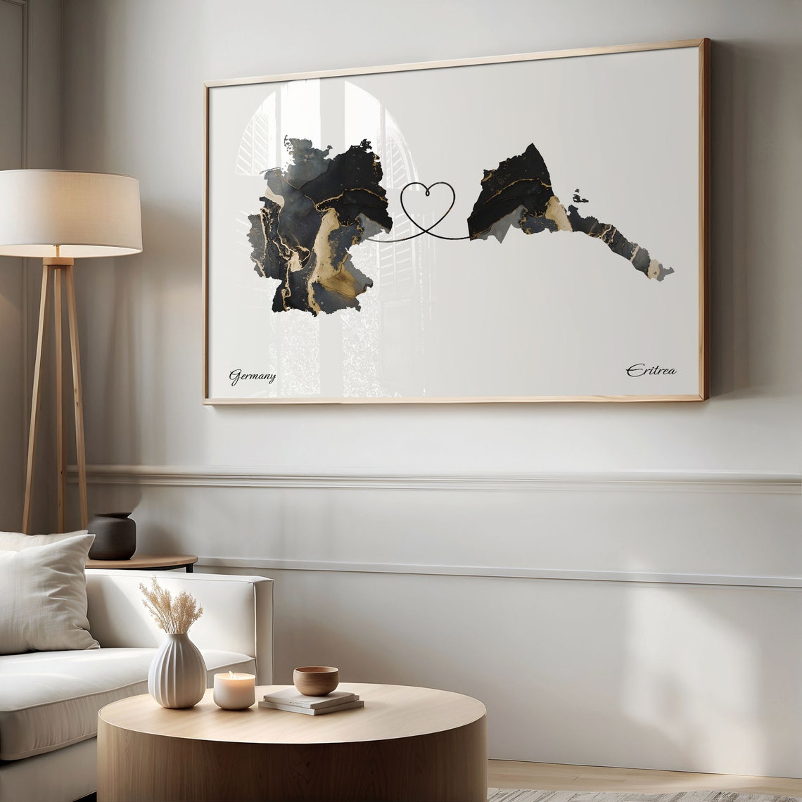 Germany to Eritrea Two Country Long Distance Heart Marble Map Poster - Image 2