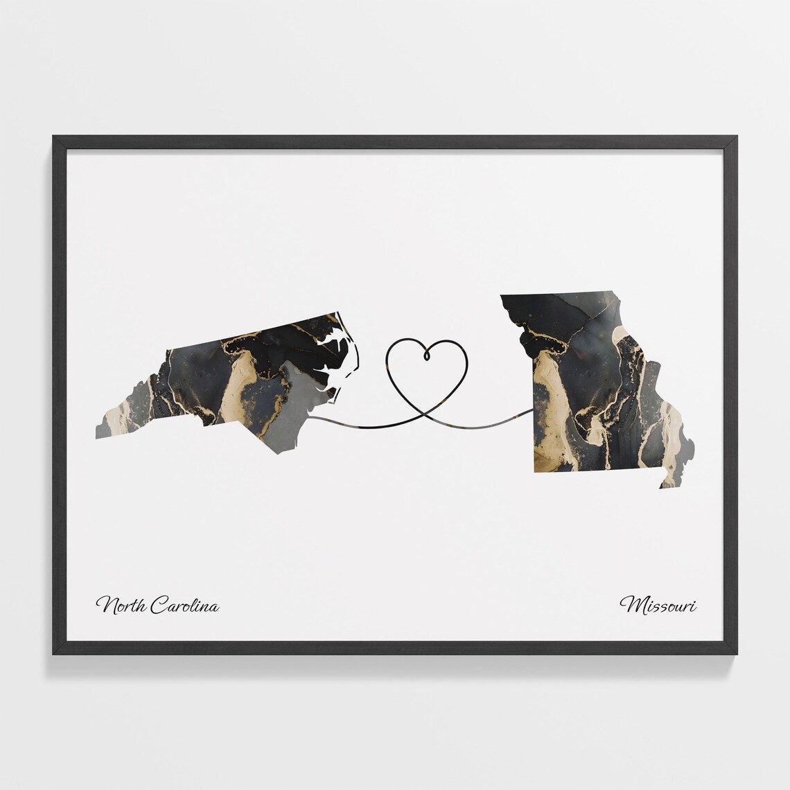 North Carolina Missouri Long Distance Love Black Gold Marble Map Poster